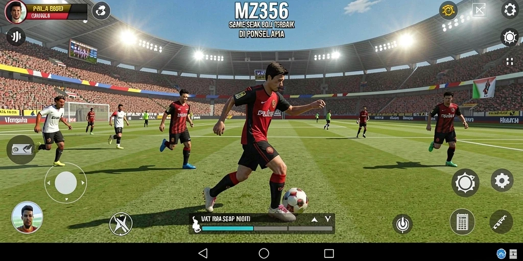 Screenshot dari gameplay MZ356 menunjukkan aksi sepak bola yang mendebarkan.