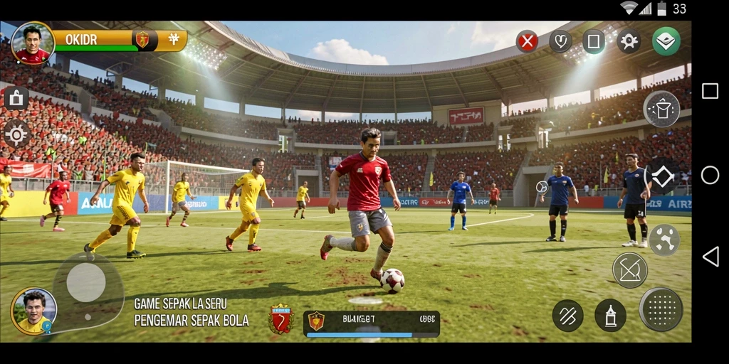 Tangkapan layar gameplay OKIDR dengan aksi seru di lapangan sepak bola.