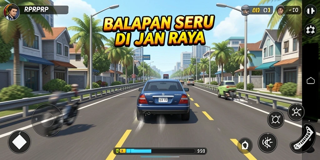 Gameplay RPRPRP yang menampilkan balapan dengan mobil cepat.