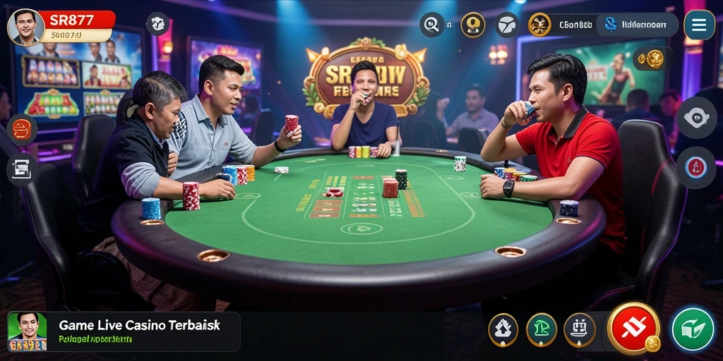 Screenshot gameplay Live Casino SR877 dengan dealer profesional dan pemain lain.