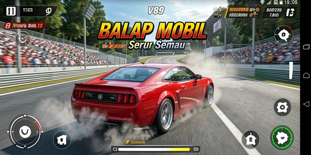 Screenshot V89 menampilkan aksi balapan mobil yang mendebarkan.